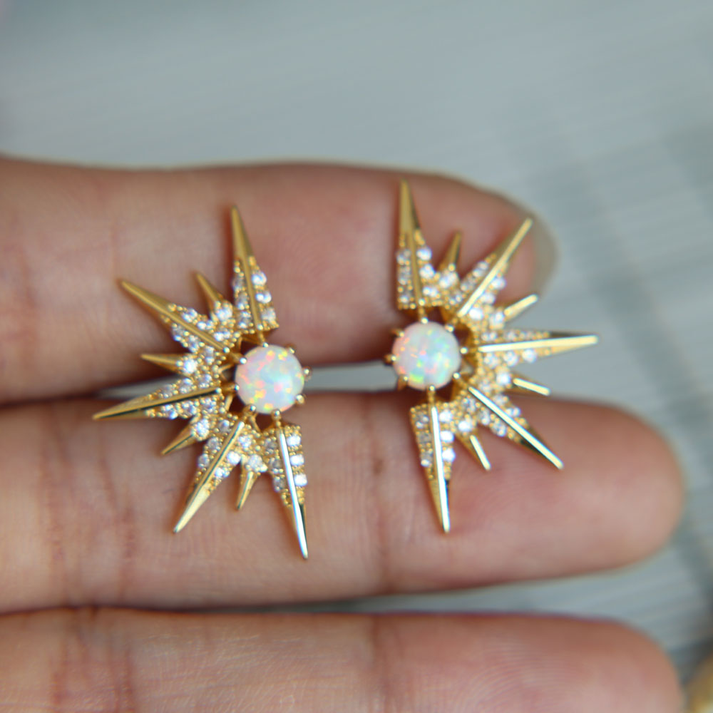 Sterg Sier North Star Big Hoop Earrings with Opal CZ Pave Tassel Design for Women - Wedding Jewelry