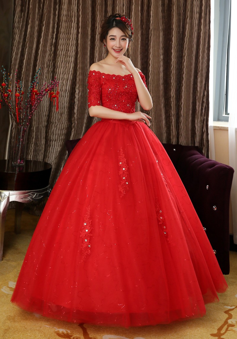 Free shipping 2018 New Desing Half Sleeves Red White Wedding Dresses Princess Lace Sex Wedding Gowns Quality Wedding Frocks