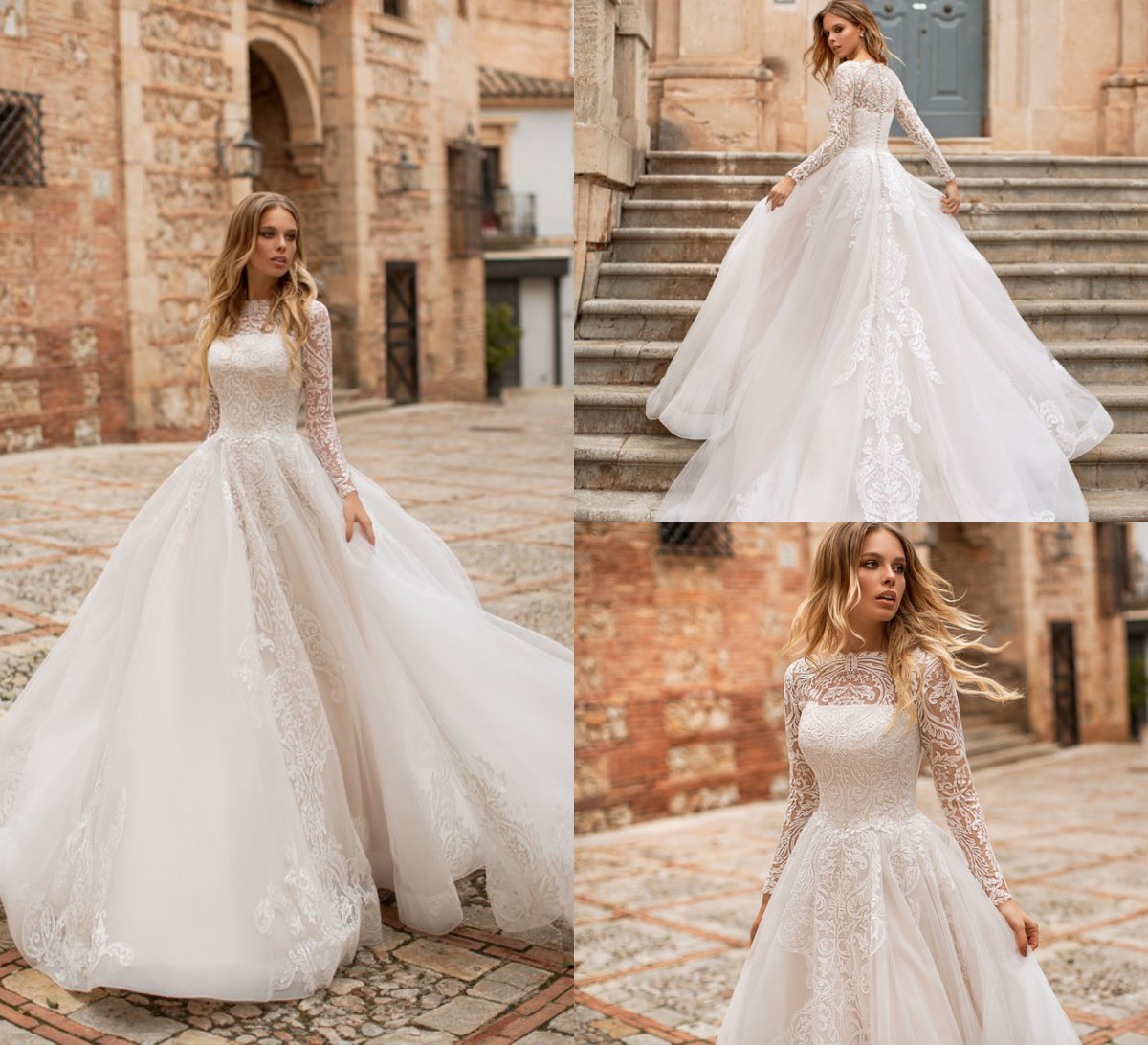 Naviblue Dolly A e Long Sleeve Wedding Dresses Bateau Neck Lace Appliqued Sweep Train Plus Size Vestido De Novia Beach Bridal Gowns