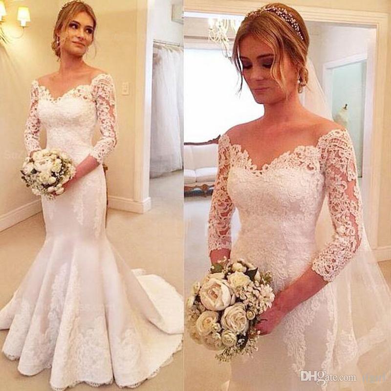 2020 Lace Mermaid Wedding Dresses Sheer Neck Three Quater Sleeves Appliques Long Wedding Dress Vestidos De Novia