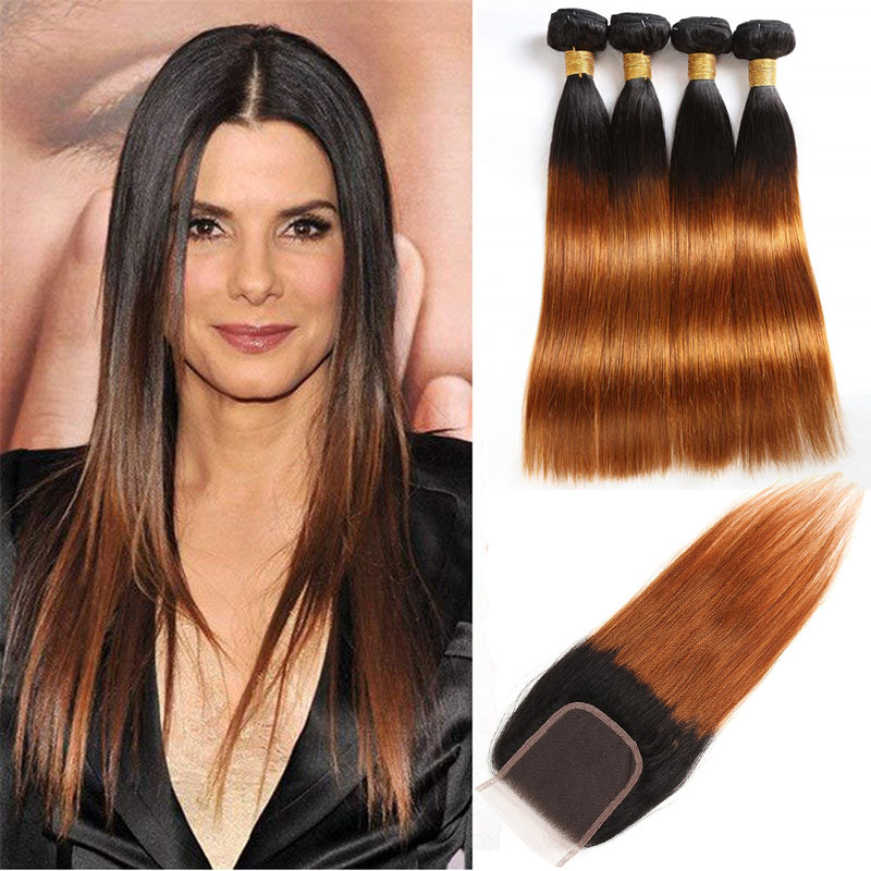 Mongolian Straight Human Hair Extensions 3 Bundles With 4X4 Lace Closure 1B 30 Ombre Color Middle Three Free Part Straight