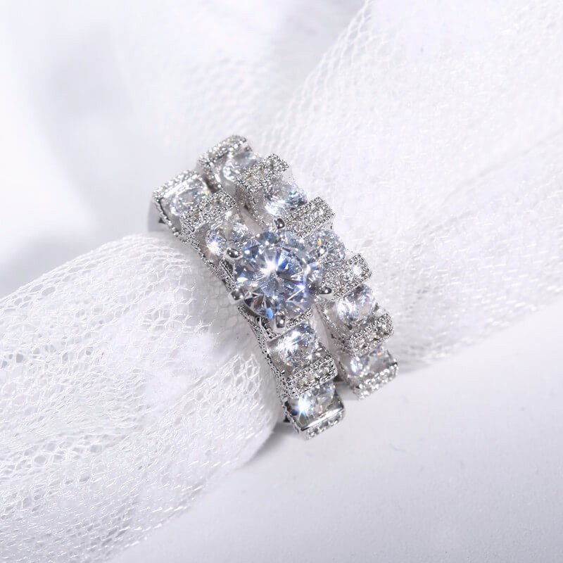 Unique Vintage Choucong Couple Rings: Sier, Retro Eternity, Round Cut White Topaz CZ Dia Women's Bridal Ring Set