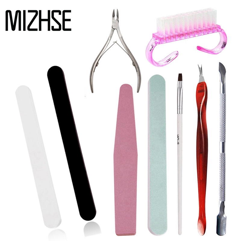 

MIZHSE Gel Varnish Nail Manicure Set Stainless Steel Cuticle Pusher Dead Skin Pedicure Manicure Nail Sanding File Cleaning Brush, Set 01