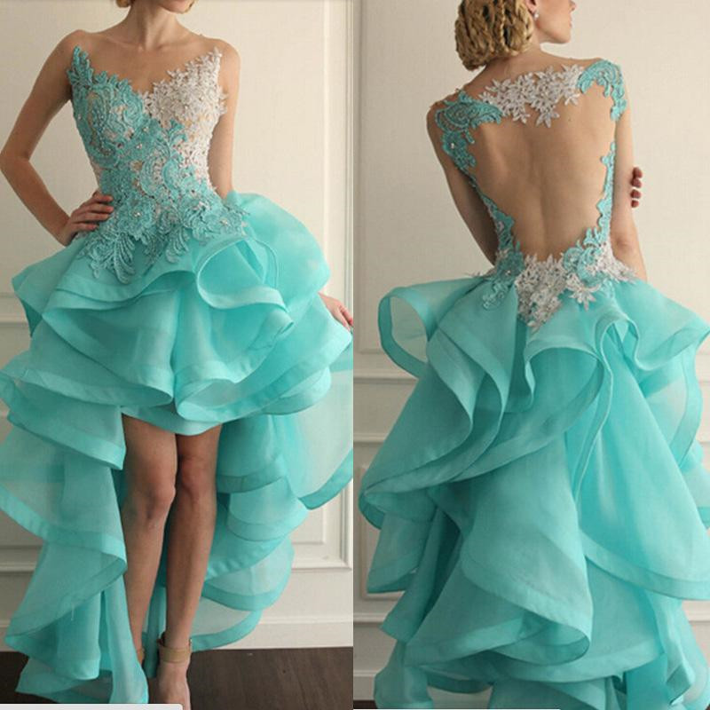 2019 Blue and white Prom Dress Illusion Crew Neckline Organza Lace Appliques/Ruffle/Beads Sheer Back High Front and Low Back Evening Dresses, Red
2019 Blue and white Prom Dress Illusion Crew Neckline Organza Lace Appliques/Ruffle/Beads Sheer Back High Front and Low Back Evening Dresses, Red