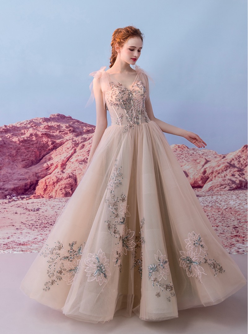 Fairy Princess Sheer Strap Prom Dress V Neck Illusion Exposed Boning Embroidery Beaded Evening Party Dresses