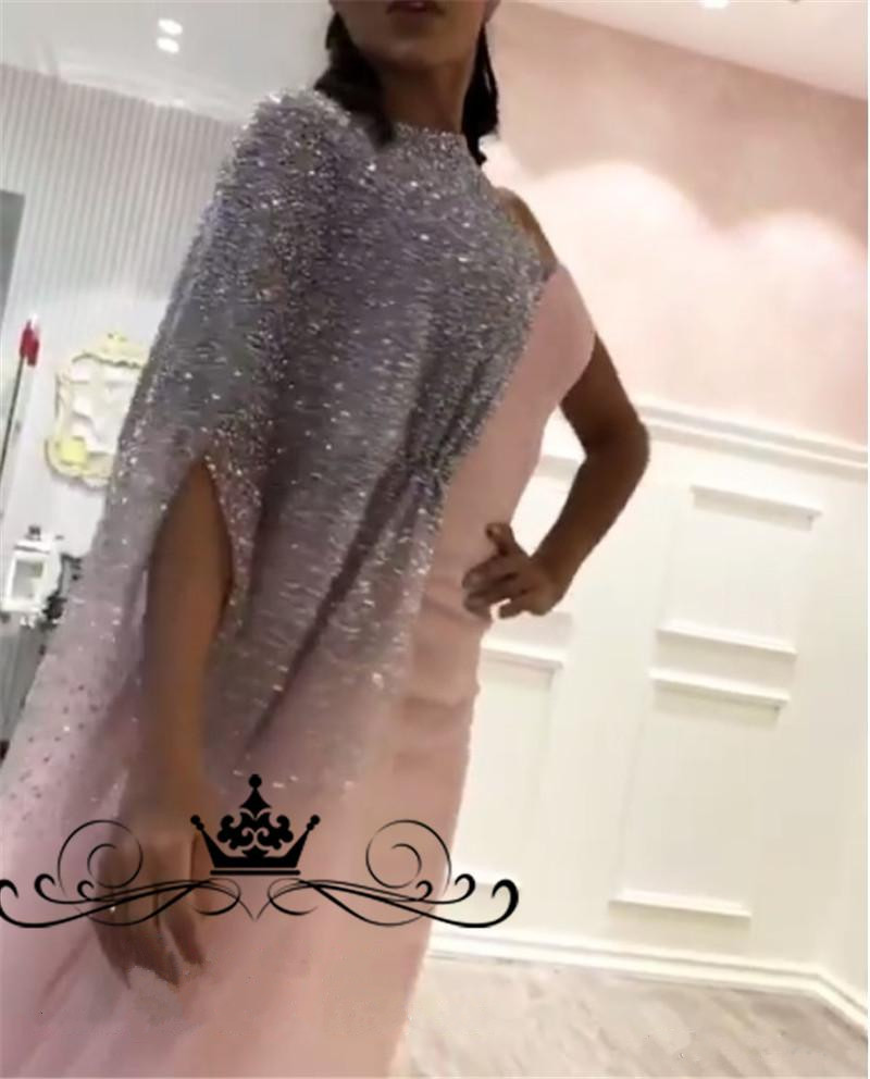 Yousef Aljasmi One Shoulder Mermaid Evening Dresses Cape Long Customized Arabic Dubai Beaded Sequined Pink Satin Tulle Formal Prom Gowns