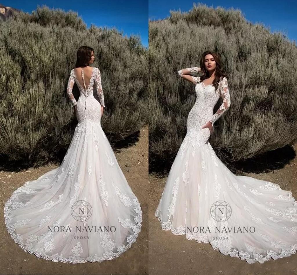 Dresses Sheer Retro Mermaid Lace Illusion Back Long Sleeves Arabic Court Train Bridal Gowns Wedding Party Dress