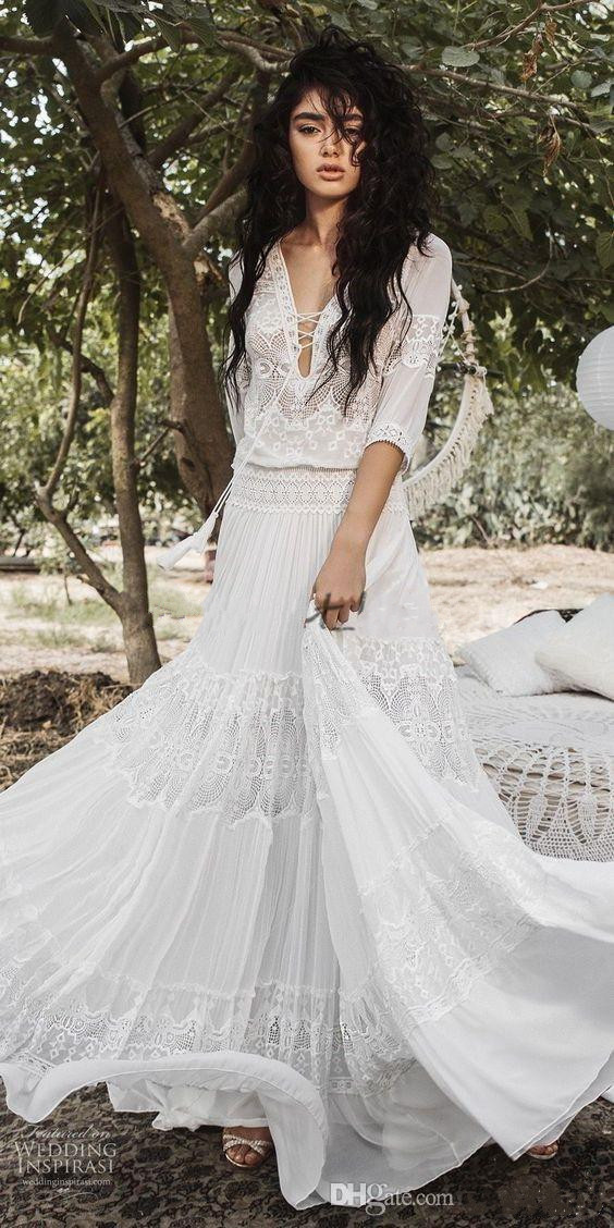 Flowing Flare Greek Goddess Wedding Dresses Inbal Raviv Crochet Lace Holiday Summer Beach Country Boho Bridal Wedding Gown with Sleeve