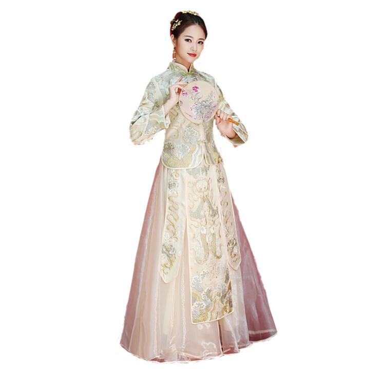 Elegent Vintage Xiu He toast Beige Dress Chinese style gown wedding dress Asian Popular Woman embroidery carps Cheongsam Evening costume