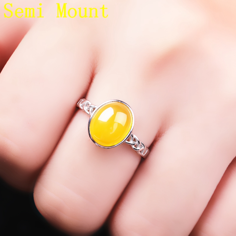 925 Sterling Silver Engagement Wedding Ring 9x10.8mm Oval Cabochon Semi Mount Ring Women for Amber Fine Jewelry Setting White Gold Color