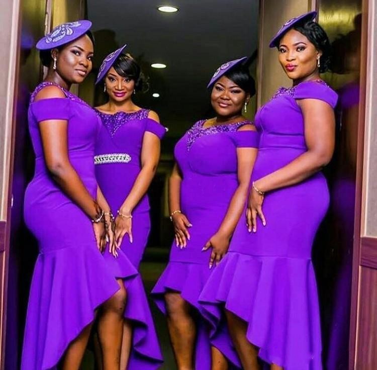 Hi-Lo Mermaid Purple Bridesmaid Dresses African Nigerian Beaded Scoop Neck Satin Wedding Party Maid Of Honor Dress Formal Gowns