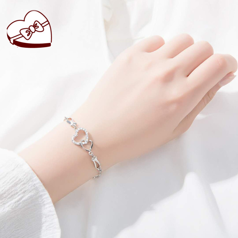 Women Sweet Design Yellow Gold Plated CZ Double Hearts Anklets Bracelet Chain Bride for Wedding Party