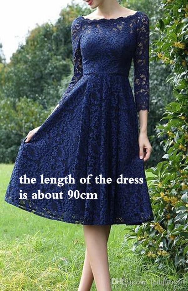 Elegant Royal Blue Lace Bridesmaid Dresses Bateau 3/4 Long Sleeves Knee Length Wedding Party Dress Cheap