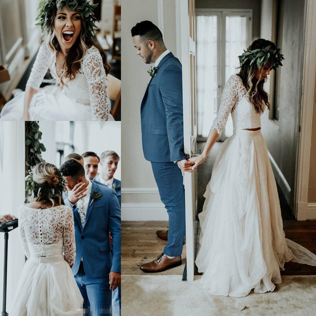 Two Pieces Beach Country Wedding Dresses with Long Sleeve 2018 Chiffon Ruffles Lace Top Boho Holiday Farm Bridal Reception Dress, White
Two Pieces Beach Country Wedding Dresses with Long Sleeve 2018 Chiffon Ruffles Lace Top Boho Holiday Farm Bridal Reception Dress, White