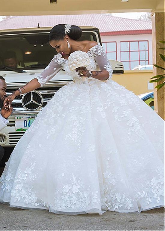 2018 African Plus Size Wedding Dresses 3D Floral Applique Beaded Off Shoulder Ball Gown Wedding Dress 3/4 Long Sleeve Country Bridal Gown