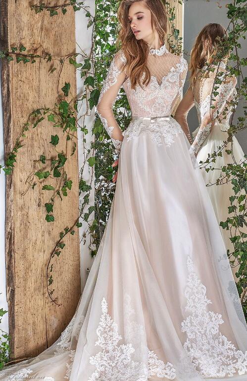 Papilio 2019 Spring Wedding Dress High Collar Sheer Long Sleeves Lace Applique Bow Belt Buttons Back Bridal Gowns Garden Wedding Dresses