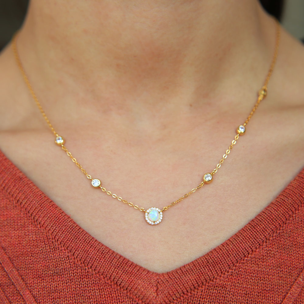 silver gold rose gold 3 color cz station opal necklace fine 925 sterling silver jewelry round geometric charm link chain collar fashion