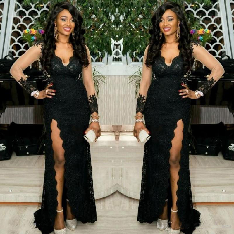 Black V neck Plus Size Prom Dresses With Long Illusion Sleeves Lace Side Splits Beaded Cheap Formal Wear Special Occasion Dresses