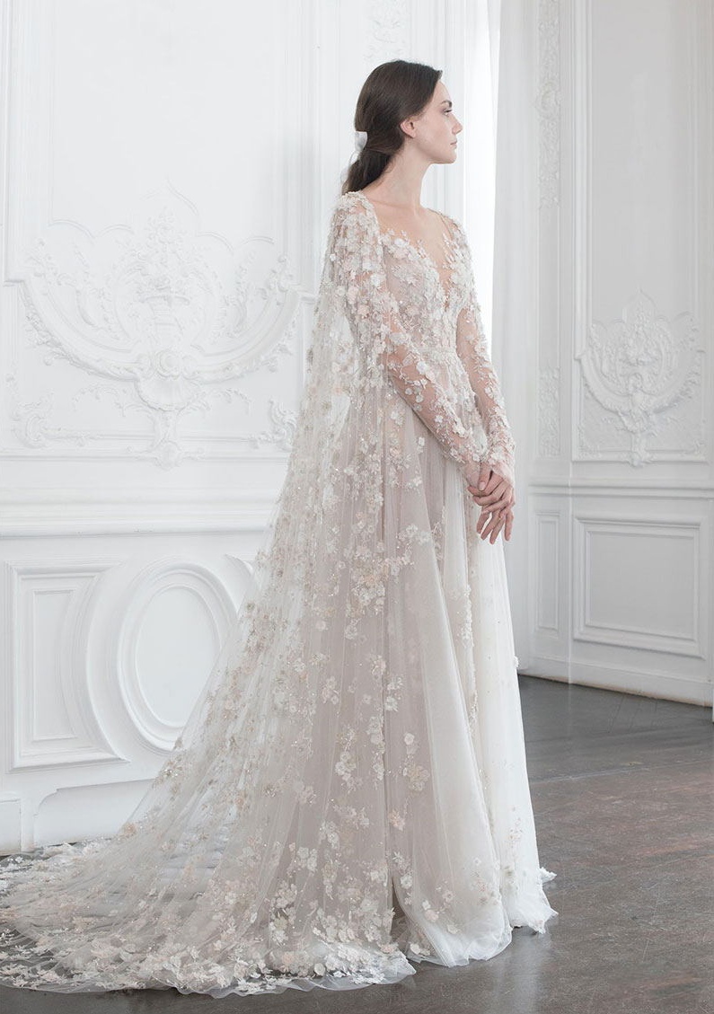 Fairy Prom Dress Sheer Neck Long Sleeve 3D Floral Appliqued Sequins Two Pieces Evening Dresses With Wrap Sweep Train Custom Made Robe de mariée