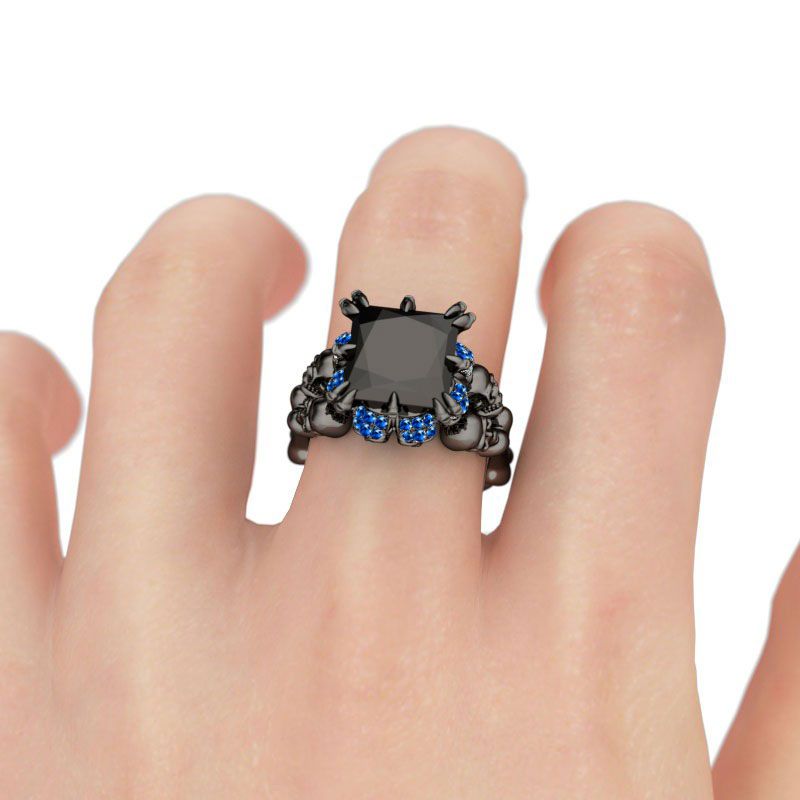 Vintage Punk Fashion Jewelry Wholesale New Brand 10KT Black Gold Filled Big Blue Sapphire Dia Women Wedding Skull Band Ring Gift Box