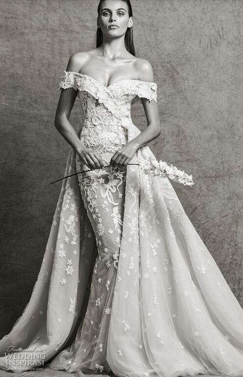 Zuhair Murad Fall 2018 Wedding Dress Off Shoulder Lace Floral Applique Beads Tulle Bridal Gowns With Removable Sweep Train