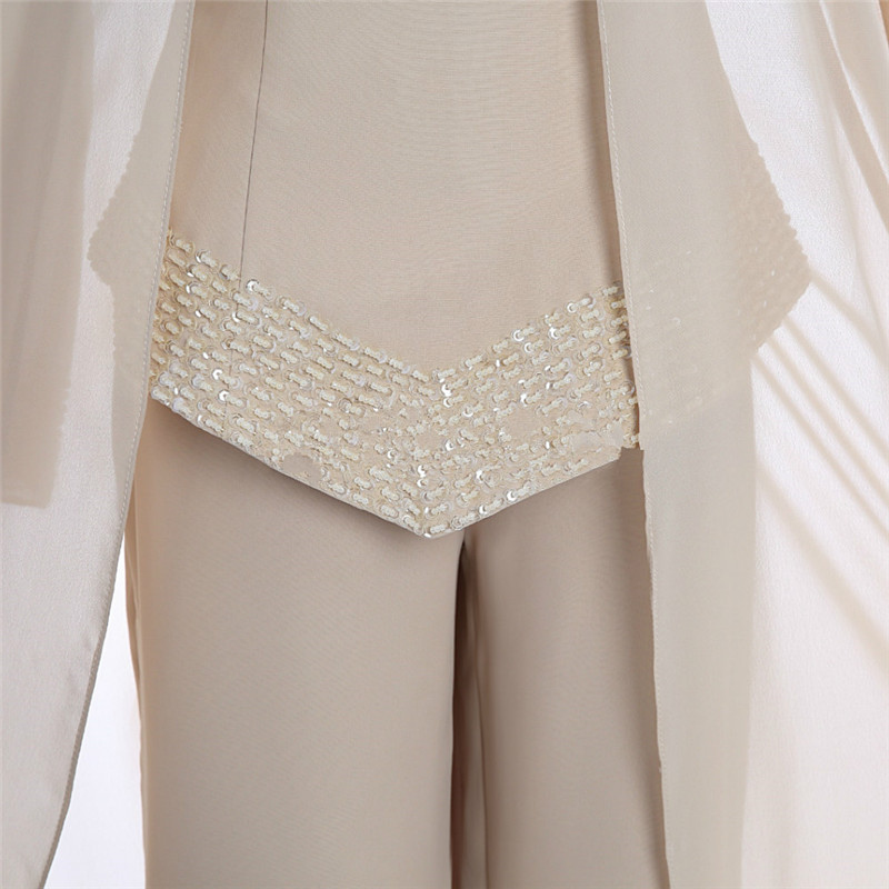 Champagne Three Piece Mother of the Bride Pant Suits Dress with Long Jackets Grey Sleeves Chiffon For Wedding