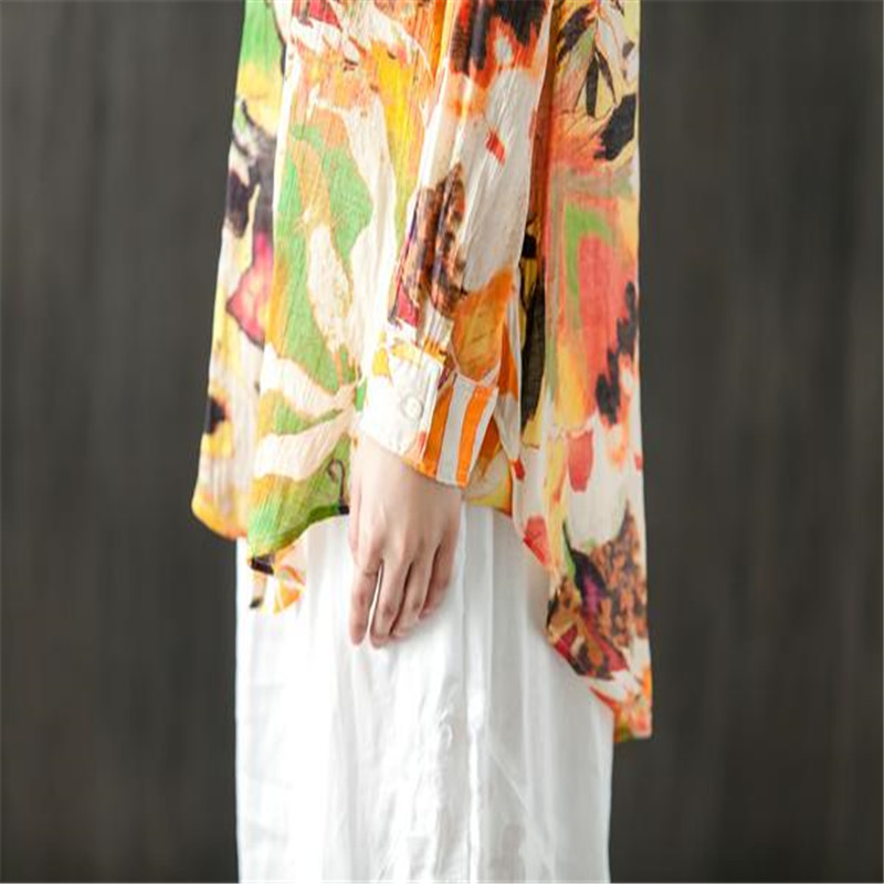 BUYKUD 2018 Summer Printed Collar Single Breasted Blouse Women Long Sleeve Casual Loose Zipper Female Irregular Shirt&Tops