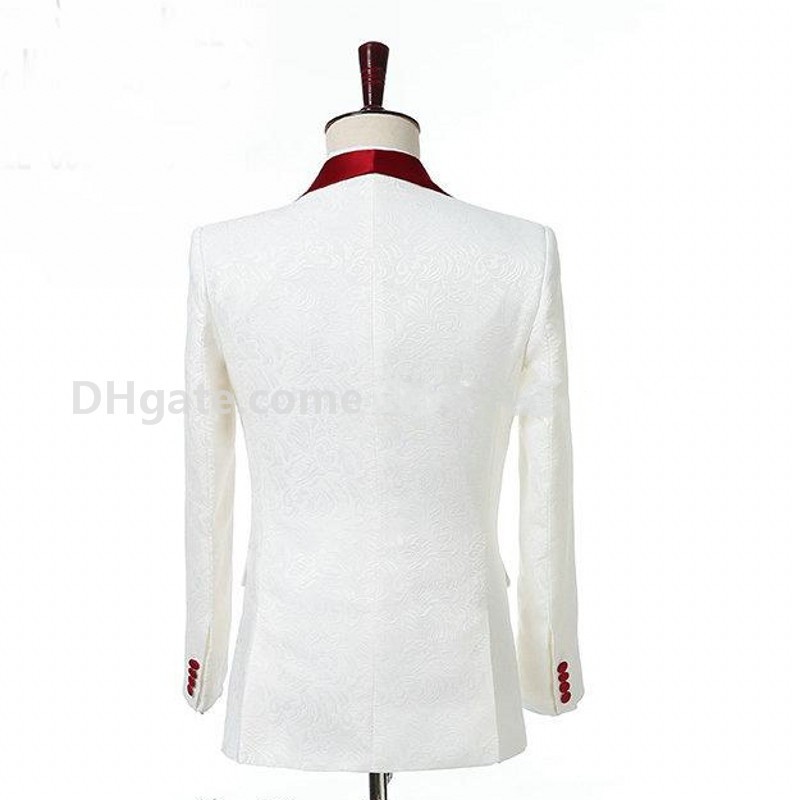 Double-Breasted Whit Paisley Groom Tuxedos Shawl Lapel Side Vent Groomsmen Wedding Tuxedos Men Party Suits((Jacket+Pants+Tie+Girdle) NO;387