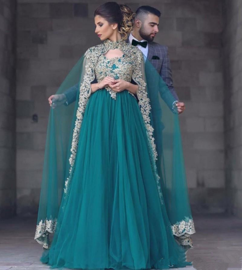 Elegant Long Arabic Dubai Evening Formal Dresses With Wrap Shawl Gold Lace Appliques 2022 A Line Hunter Muslim Prom Dress Party Gowns High Neck Specia