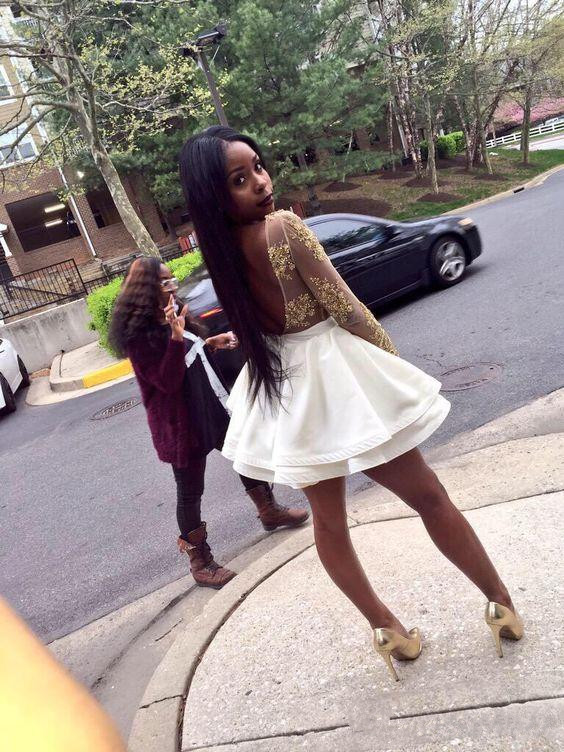 Applique Homecoming Gold Long Sleeve Tail Ackle Tiered Short V Neck Formal Party Gown Prom Dree