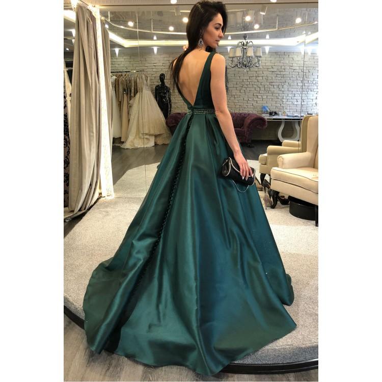2019 Classic Sexy Backless Prom With Beaded Party Dark Green Graceful Satin Gowns Bateau Evening Dresses Customize 0510
