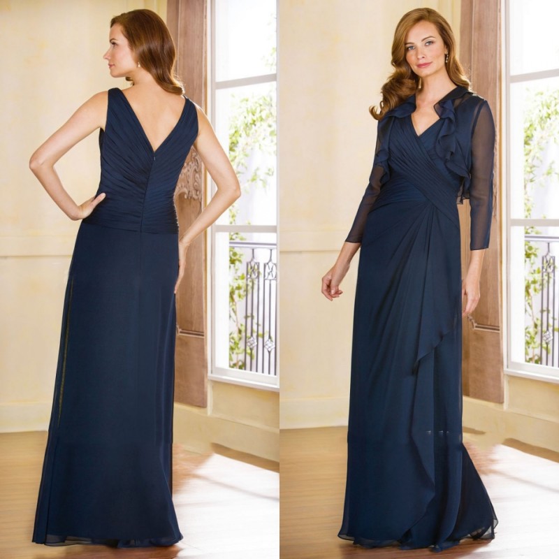 Two Pieces Mother of the Bride Dresses V Neck Sleeveless Pleats Chiffon Evening Gowns Floor Length Ruffles Mothers' Dress With Jacket