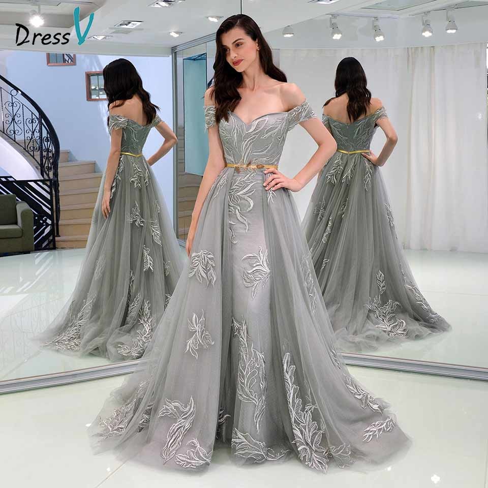 Hot Sale Overskirt Evening Dresses With Detachable Train Off The Shoulder Lace Appliqued Formal Dress Sweep Train Tulle Long Prom Gowns