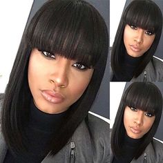 Short Bob Human Hair Wig Full Bangs Glueless Short Brazilian Straight Human Hair Wig with fringe for Black Woman 180% density DIVA1
