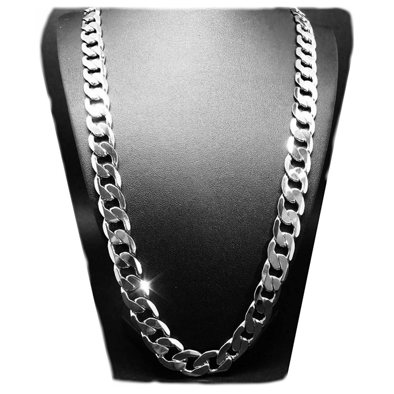 12mm Wide Curb Chain Necklace 18k White Gold Filled Vintage Classic Mens Jewelry Solid Accessories 24 Inches