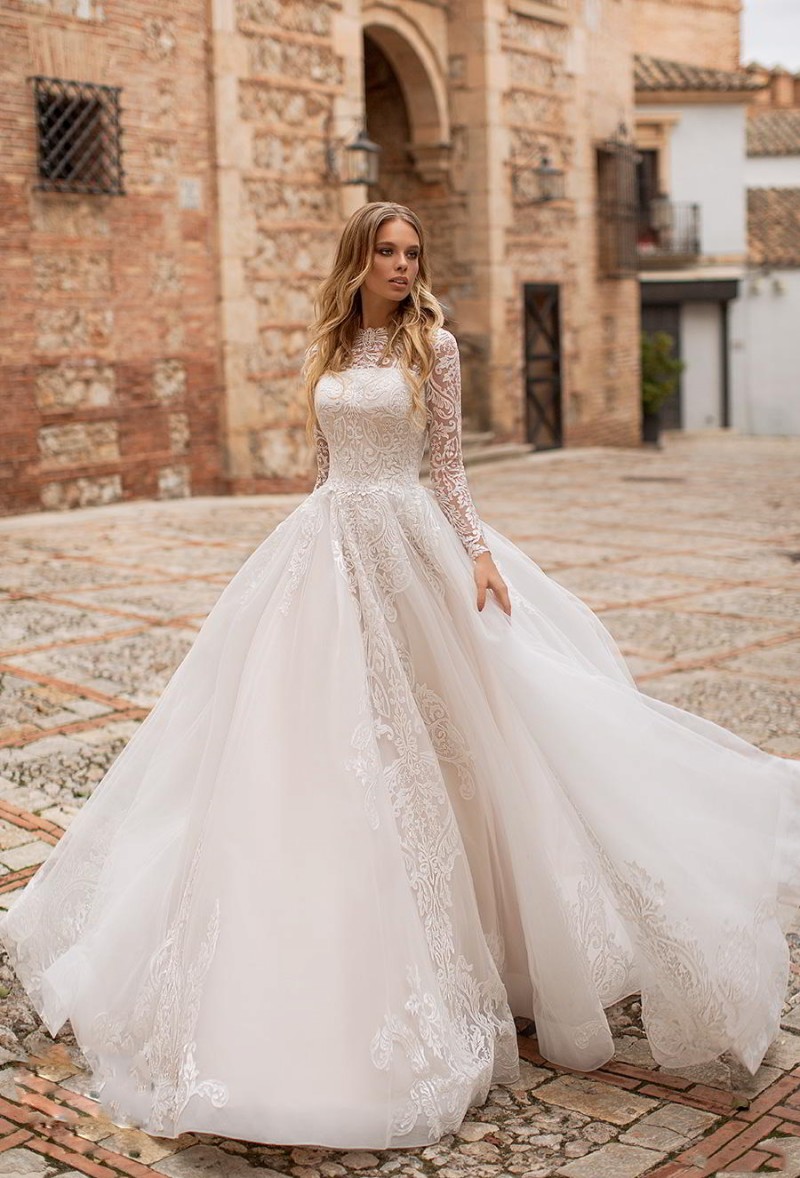 naviblue dolly modest long sleeves wedding dresses ball gown bateau neck lace appliqued bridal gowns court train plus size vestido