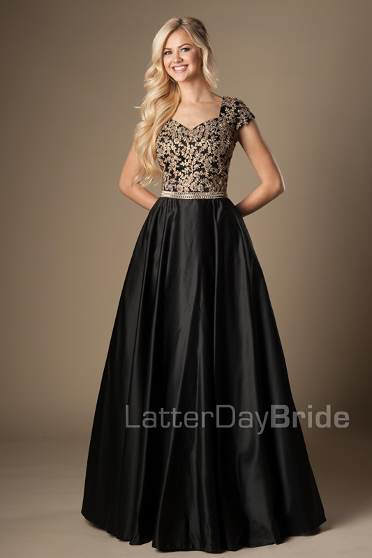 Turquoise Gold Appliques Modest Prom Dresses With Cap Sleeves Long A-line Floor Length College Girls Classic Formal Evening Wear Gowns