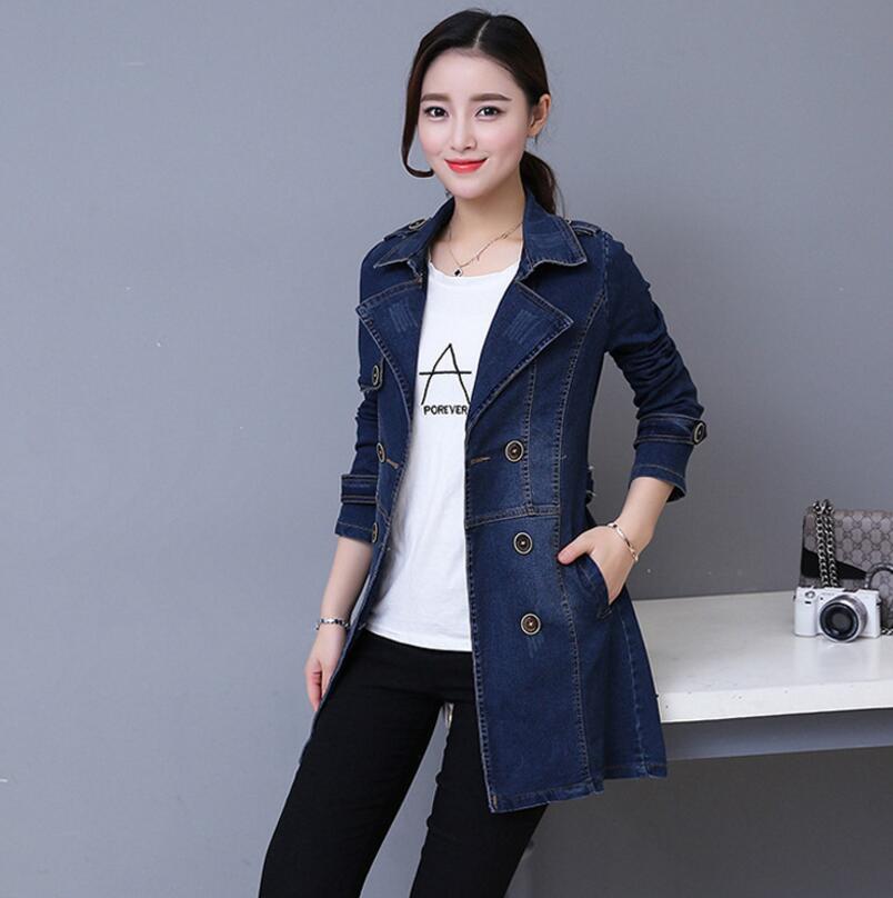 Autumn Women Casual slim Long Denim Trench Coat Female Boyfriend jean Overalls Plus Size Double-breasted Windbreaker coats y79