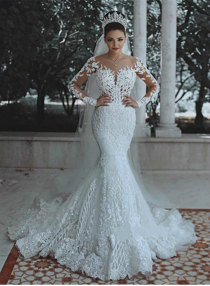 Arabic Dubai Wedding Dresses Sheer Jewel Neck Lace Appliques Beaded Mermaid Bridal Gowns Sweep Train Plus Size Long Sleeve Wedding Dress