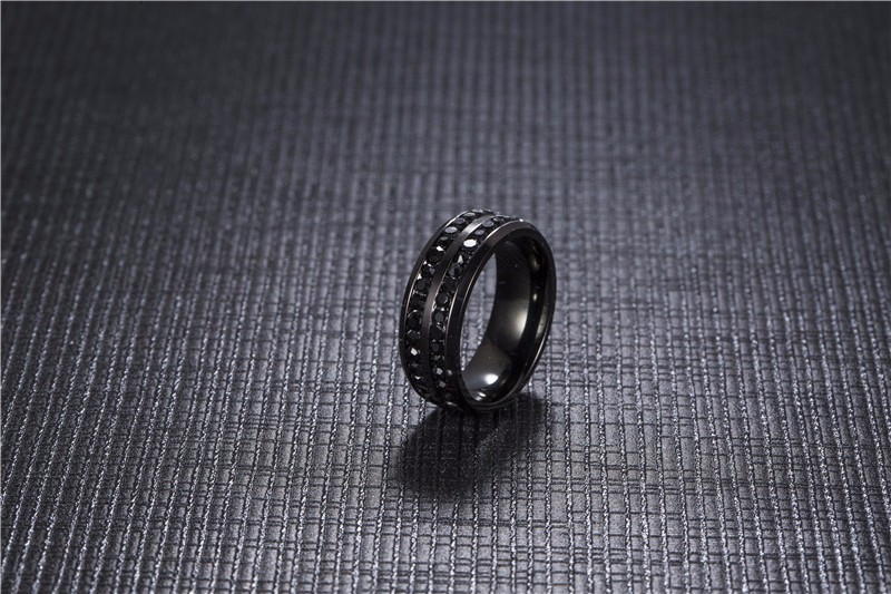 New Fashion Men039s Ring Black Crystal Ring Titanium Steel FullDrill Double Row Circle Diamond Wedding Ring