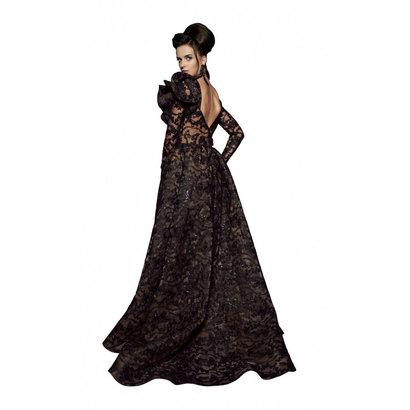 MNM Couture Mermaid Prom Dresses With Detachable Train Black Lace Applique Sweep Train Beaded Formal Dress Party Long Sleeve Evening Gowns
