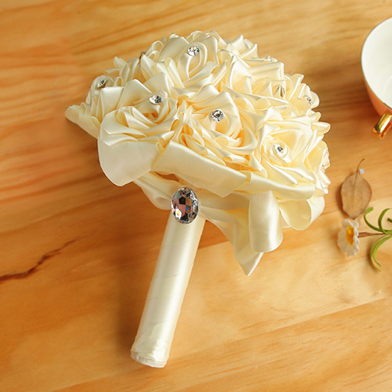 Satin Rose Wedding Bridal Bouquets Handmade Flowers Artificial Rose Crystals Wedding Supplies Bride Holding Flowers Brooch Bouquet CPA1589