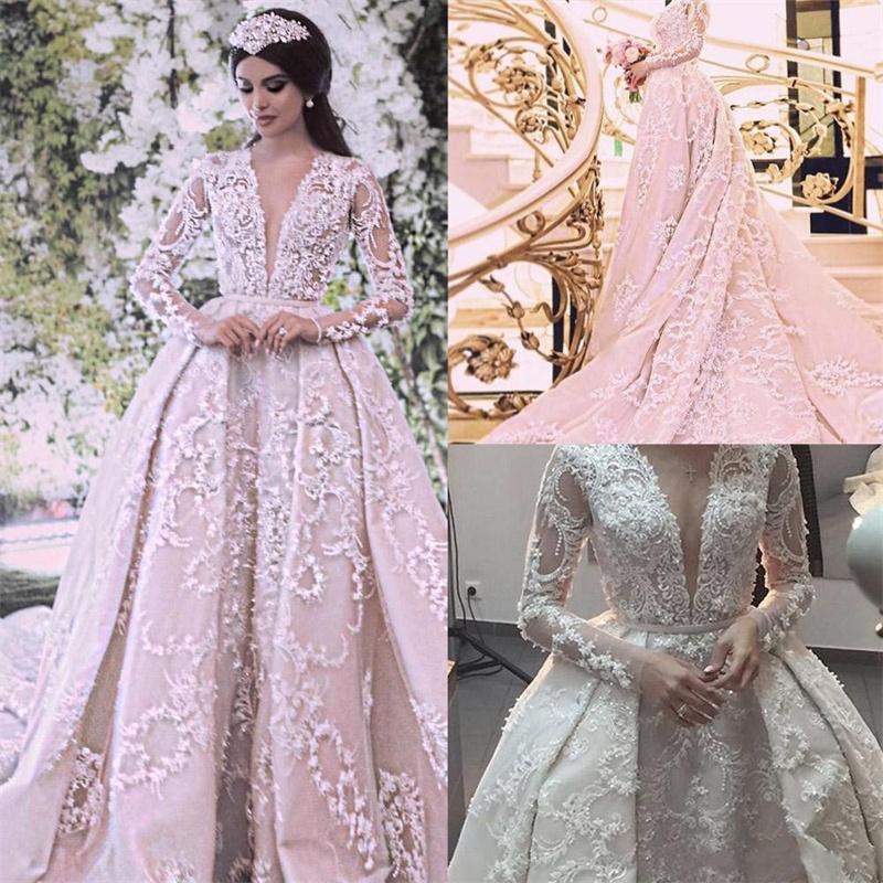 with Ball Dresses Long Sleeves Sexy Sheer V Neck Beaded Cathedral Train Bridal Gowns Lace Appliques Wedding Gown