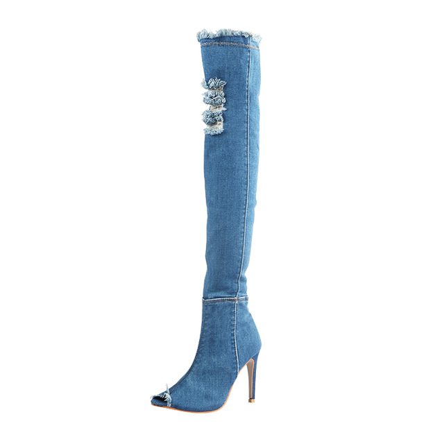Women Hole Denim Boots Summer Autumn Peep Toe Over The Knee Boots Quality High Elastic Jeans Fashion High Heels Plus Size