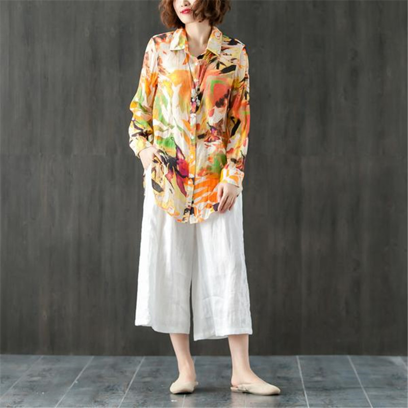 BUYKUD 2018 Summer Printed Collar Single Breasted Blouse Women Long Sleeve Casual Loose Zipper Female Irregular Shirt&Tops