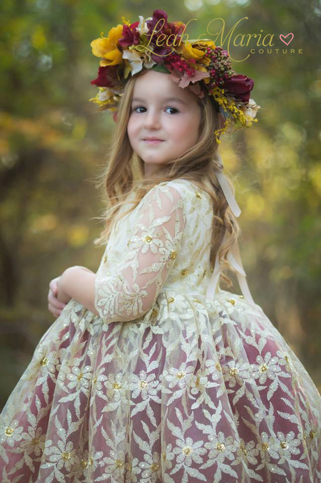 Ball Gown Flower Girl Dresses For Wedding Lace Tulle Applique Floor Length Beaded 3/4 Long Sleeve Girls Pageant Dress Party Evening Wear