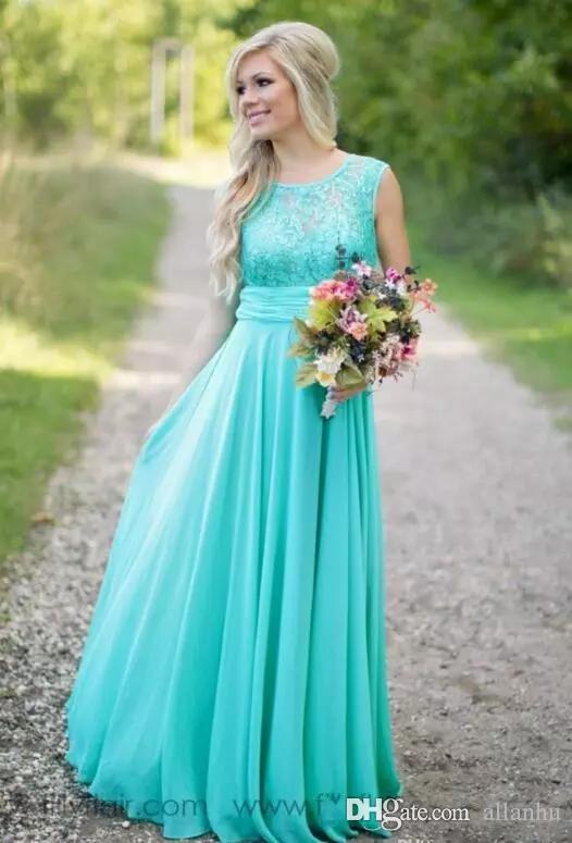 Turquoise New Bridesmaids Jewel Neck Lace Chiffon Long Country Bridesmaid Maid Of Honor Wedding Guest Dresses Custom Made