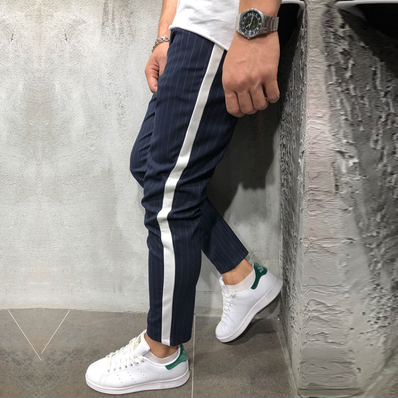 Mens Ankle Pants Streetwear Side Stripes Checkered Trousers Casual Slim Fit Street Fas