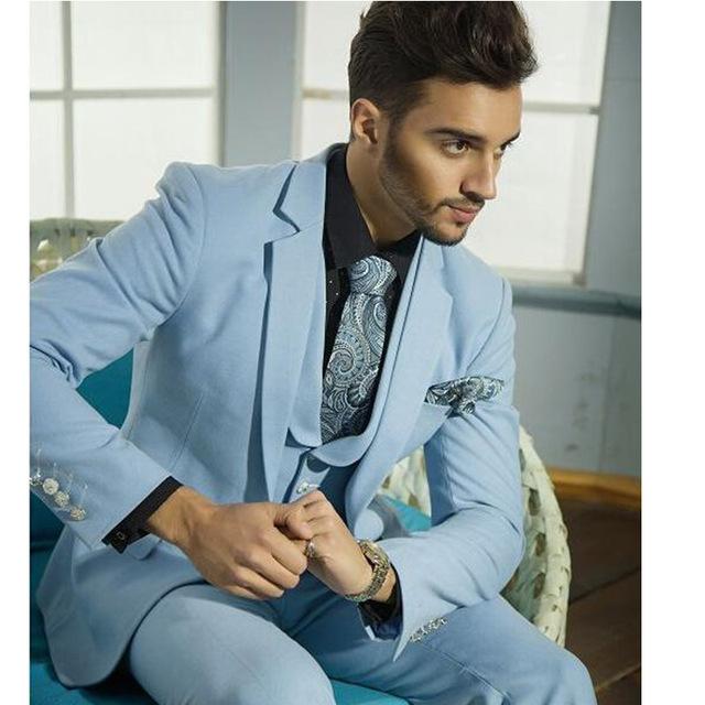 New Style Powder Blue 3 Piece Suit Men Wedding Tuxedos Notch Lapel Slim Fit Groom Tuxedos Men Dinner Prom Blazer(Jacket+Pants+ Tie+Vest)1255