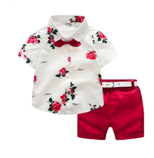Children's clothing Summer Boys Clothing Sets Children Clothing Set Kids Boy Clothes Flower Tie Shirts+Shorts 2PCS Gentleman Suit With
